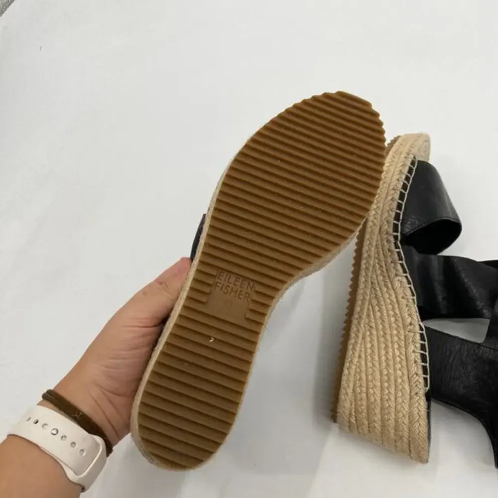 Eileen Fisher Black‎ Leather Wrap Espadrille Wedges